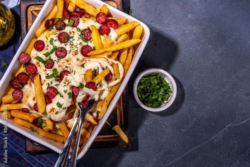 Pizza loaded french fries. Homemade Pepperoni and Cheese Pizza French