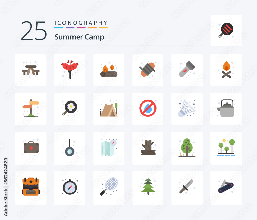 Summer Camp 25 Flat Color icon pack including light. camping. camp. yarn. equipment