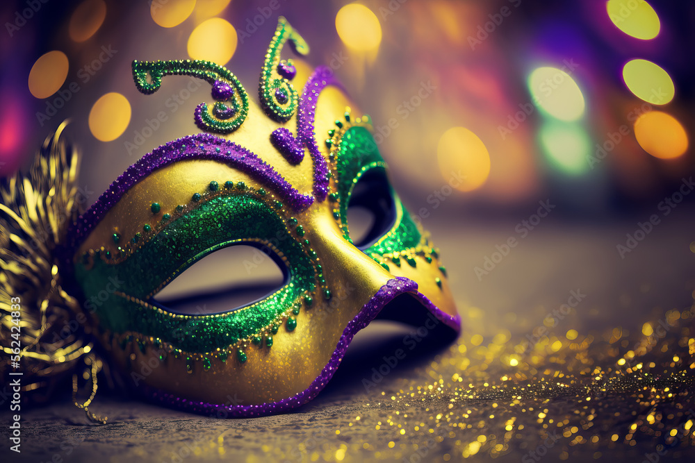 Gold, purple and green glittery mardi gras mask on shining bokeh city background. Generative AI illustration