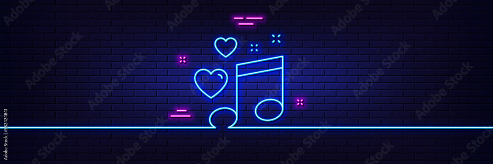 Neon light glow effect. Love music line icon. Romantic musical note sign. Couple relationships symbol. 3d line neon glow icon. Brick wall banner. Love music outline. Vector Neon light glow effect. Love music line icon. Romantic musical note sign. Couple relationships symbol. 3d line neon glow icon. Brick wall banner. Love music outline. Vector