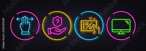 Discount coupon, Protection shield and Multitasking gesture minimal line icons. Neon laser 3d lights. Computer icons. For web, application, printing. Sale flyer, Insurance claim, Swipe. Vector