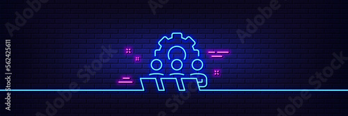 Neon light glow effect. Teamwork line icon. Remote office sign. Team employees symbol. 3d line neon glow icon. Brick wall banner. Teamwork outline. Vector