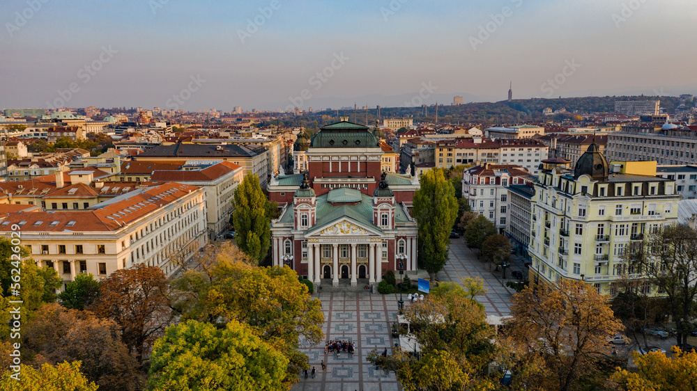 Obraz na płótnie Drone photo of Sofia city center with old beatiful buildings and the National Theater Ivan Vazov, Bulgaria w salonie