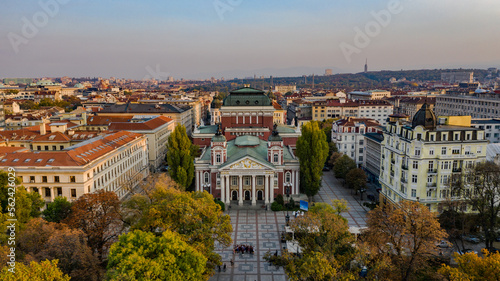 Drone photo of Sofia city center with old beatiful buildings and the National Theater Ivan Vazov, Bulgaria photo