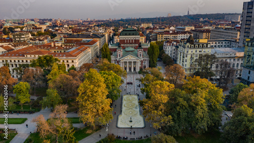 Drone photo of Sofia city center with old beatiful buildings and the National Theater Ivan Vazov, Bulgaria