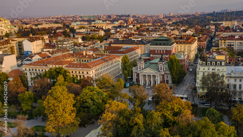 Drone photo of Sofia city center with old beatiful buildings and the National Theater Ivan Vazov, Bulgaria