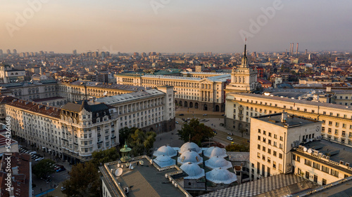 Drone photo of old buildings in Sofia city center, Bulgaria, at sunset © Atanas