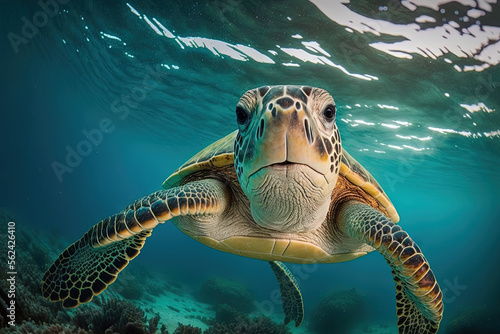 green sea turtle swimming underwater, Portrait, illustration ai digital art style