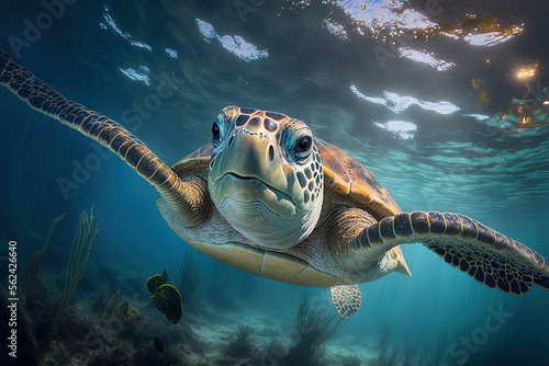 Portrait of a sea turtle swimming underwater. Generative AI