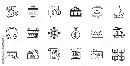 Outline set of Smile chat, Contactless payment and Medical analytics line icons for web application. Talk, information, delivery truck outline icon. Vector
