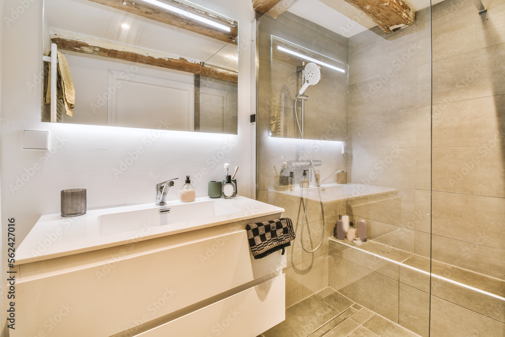 Interior of modern bathroom with shower cabin Interior of modern bathroom with shower cabin