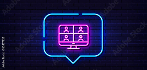 Neon light speech bubble. Virtual conference line icon. Online training sign. Video team presentation symbol. Neon light background. Video conference glow line. Brick wall banner. Vector