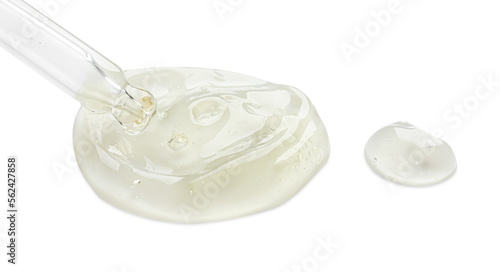 Dripping facial gel from pipette on white background, closeup