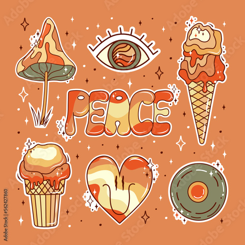 Retro groovy stickers set in 70s style. Psychedelic mushroom, ice cream, eye, happy heart, disk, and peace lettering. Sticker pack in trendy retro psychedelic cartoon style. Hippie and boho.