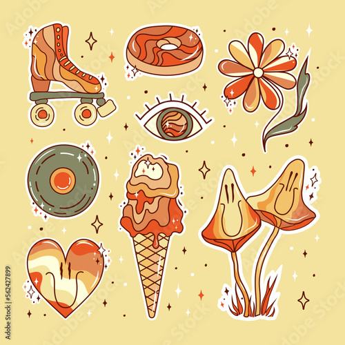 Retro groovy stickers set in 70s style. Psychedelic mushrooms, ice cream, eye, happy heart, disk, flower, donut, and rollers. Sticker pack in trendy retro psychedelic cartoon style. Hippie and boho.
