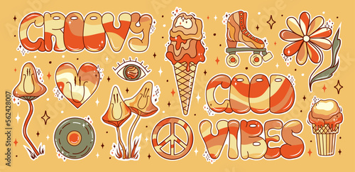 Retro groovy stickers set in 70s style. Psychedelic mushrooms, ice cream, eye, happy heart, disk, donut, flower, and peace symbol. Sticker pack in trendy retro psychedelic cartoon style.