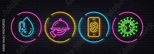 Restaurant food, Fingerprint and No alcohol minimal line icons. Neon laser 3d lights. Coronavirus icons. For web, application, printing. Room service, Biometric scan, Mineral oil. Vector