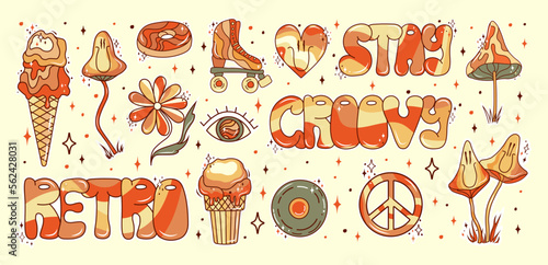 Retro groovy stickers set in 70s style. Psychedelic mushrooms, ice cream, eye, happy heart, disk, donut, flower, and peace symbol. Sticker pack in trendy retro psychedelic cartoon style.