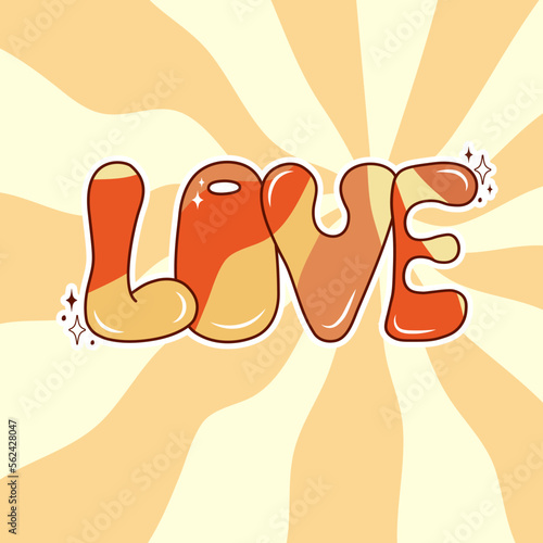 Retro groovy postcard. Love word. Hippie and boho style. Hand-drawn lettering. St. Valentine's Day.