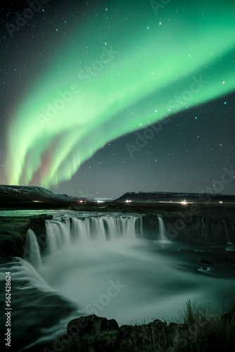 Godafoss waterfall with Aurora borealis - Iceland - Winter