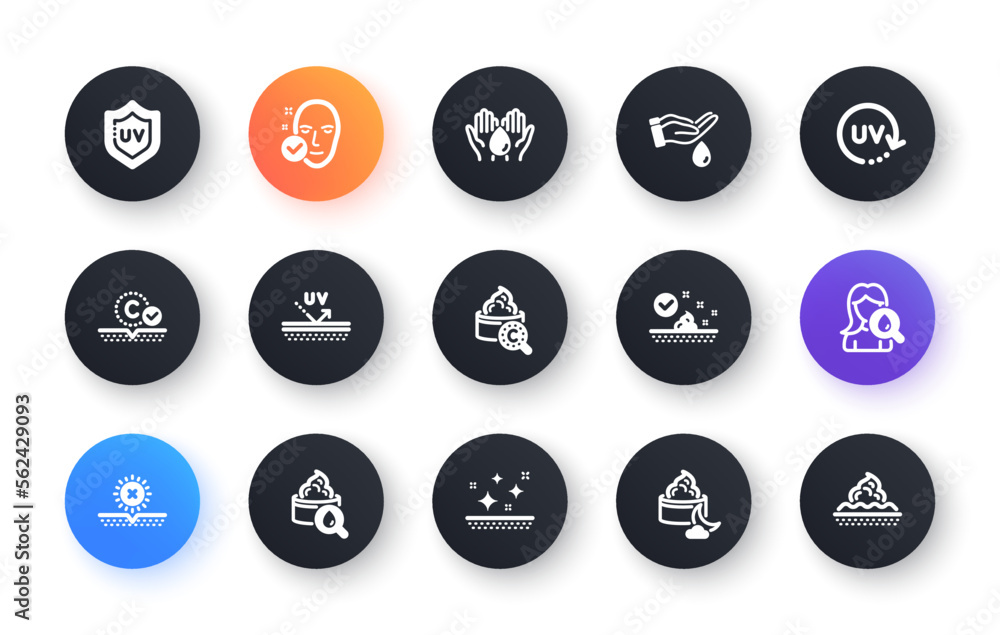 Skin care icons. Collagen, Cream, Serum oil and Skincare. Face sun lotion gel, Uv protection, vitamin E icons. Face skin care cream protection. Classic set. Circle web buttons. Vector Skin care icons. Collagen, Cream, Serum oil and Skincare. Face sun lotion gel, Uv protection, vitamin E icons. Face skin care cream protection. Classic set. Circle web buttons. Vector