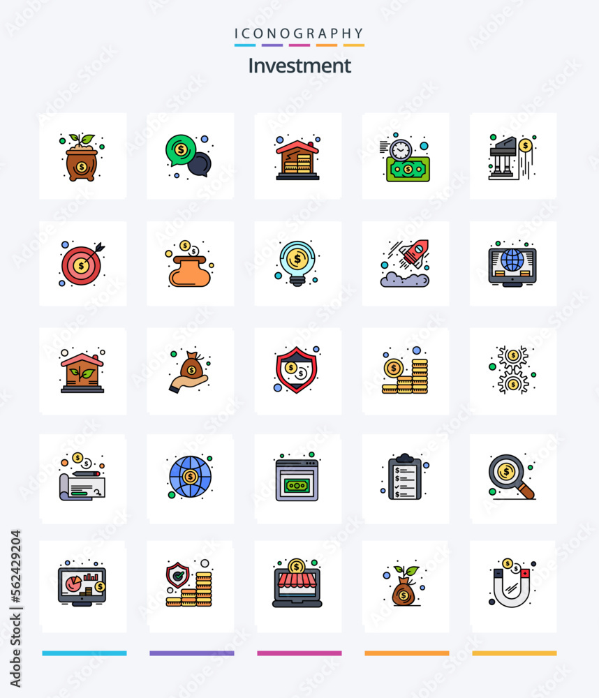 Creative Investment 25 Line FIlled icon pack  Such As time. investment. dollar. budget estimate. house
