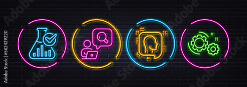 Inspect, Head and Chemistry lab minimal line icons. Neon laser 3d lights. Gears icons. For web, application, printing. Search info, Profile messages, Laboratory flask. Work process. Vector