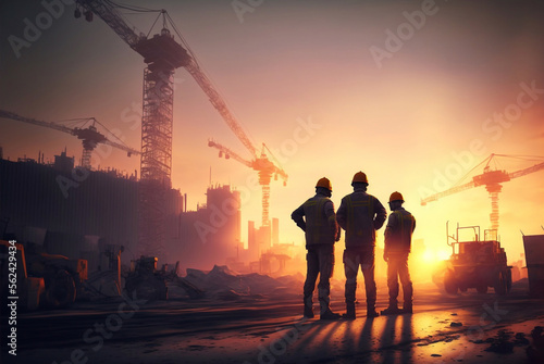 Silhouette on group of builders engineers are working on construction site on sunrise © AIproduction