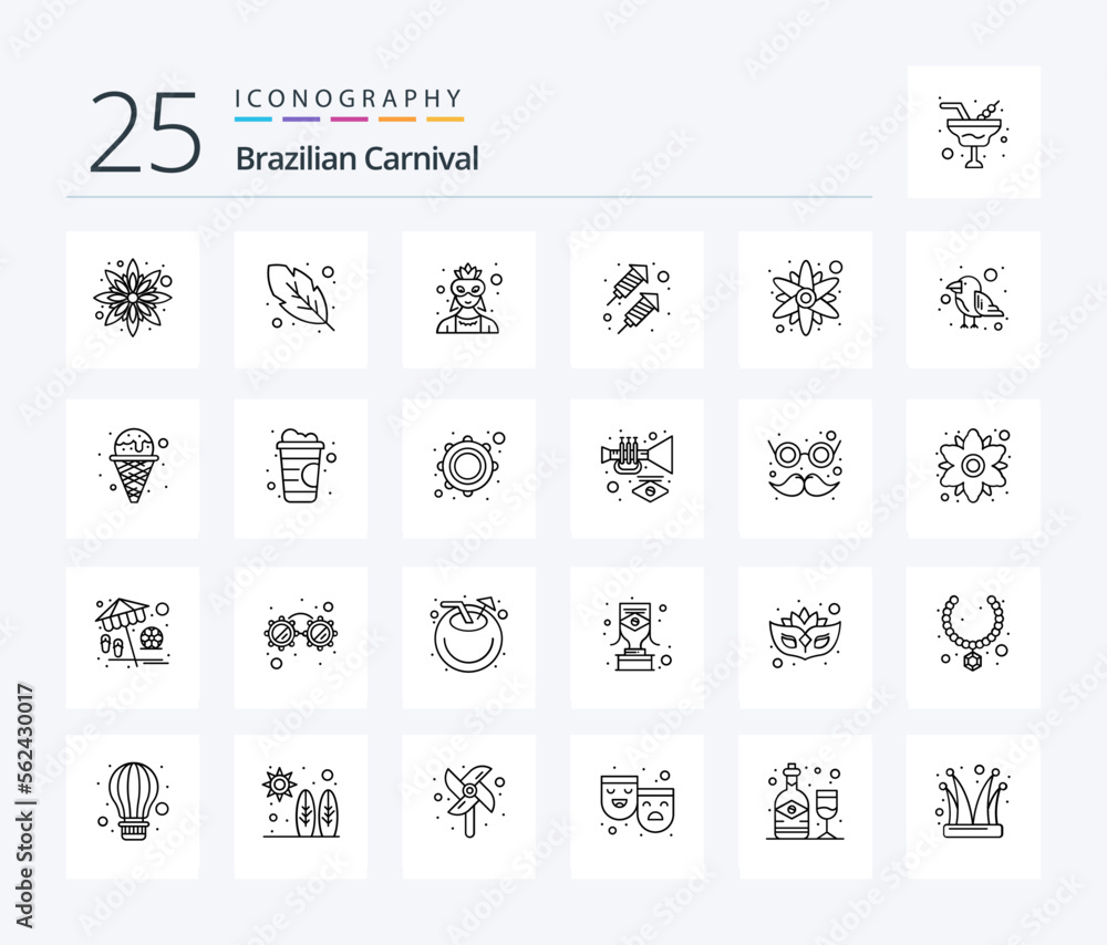 Brazilian Carnival 25 Line icon pack including parrot. sun flower. character. flower. fire work