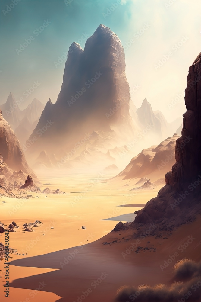 Dry Fantasy desert landscape. Dry desolate Mountain formation. Canyons region. Large cliff. Sand storm. 