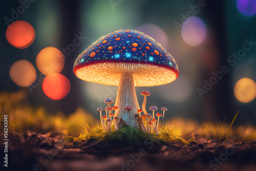 Psychedelic fluorescent mushrooms in the enchanted forest. Generative AI technology
