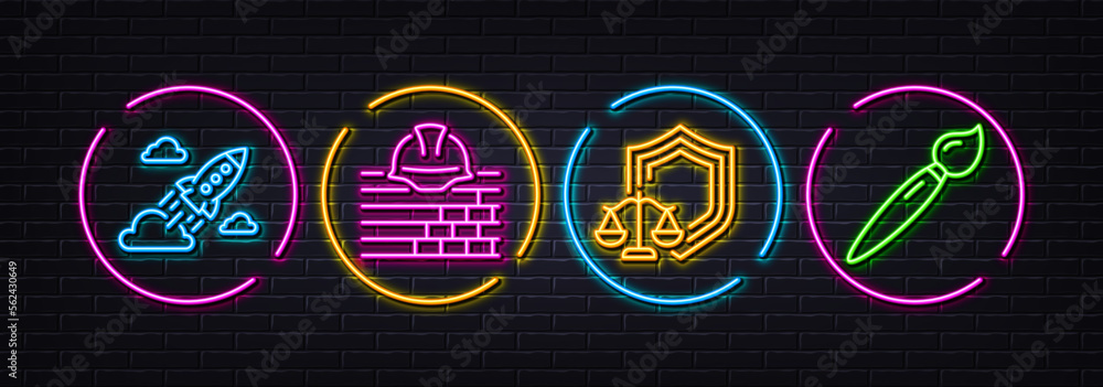 Startup rocket, Justice scales and Build minimal line icons. Neon laser 3d lights. Brush icons. For web, application, printing. Business innovation, Law shield, Construction service. Art brush. Vector