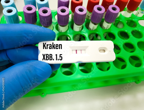 SARS‑CoV‑2 antigen test kit for Kraken XBB.1.5 variant. Close-up. Concept for the new Covid 19 Kraken Variant testing photo