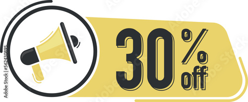 30 percent off discount. Sale promo banner. Megaphone message with text on yellow background. Megaphone banner. Web design.