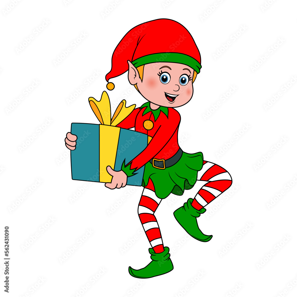 Cartoon elf. Elf holds gift box with ribbon and bow. Smiling character gnome carrying a box with present. Cute vector illustration with elf as template for card of birthday, celebration or holiday. Cartoon elf. Elf holds gift box with ribbon and bow. Smiling character gnome carrying a box with present. Cute vector illustration with elf as template for card of birthday, celebration or holiday.