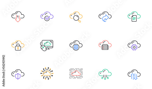 Computer cloud icons. Hosting, Computing data and File storage. Computer sync technology linear icon set. Bicolor outline web elements. Vector