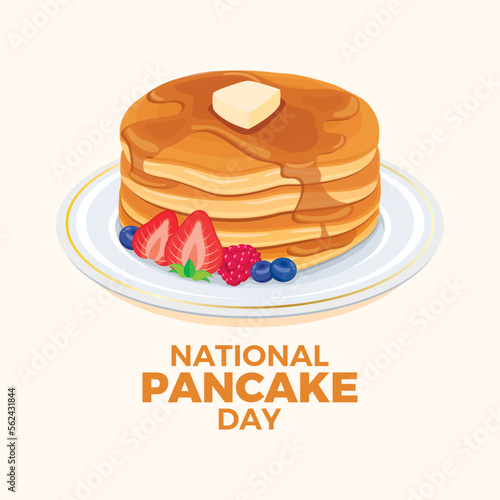 National Pancake Day vector. Fresh pancakes with berry fruits and syrup icon vector. Pile of delicious pancakes with butter on a plate illustration