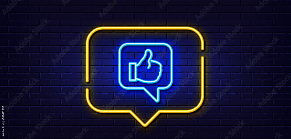 Neon light speech bubble. Like line icon. Thumbs up sign. Positive feedback, social media symbol. Neon light background. Like glow line. Brick wall banner. Vector Neon light speech bubble. Like line icon. Thumbs up sign. Positive feedback, social media symbol. Neon light background. Like glow line. Brick wall banner. Vector