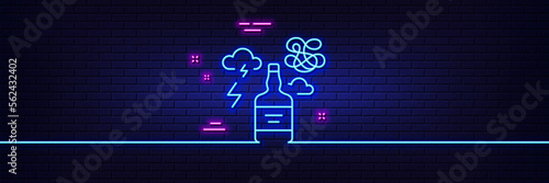 Neon light glow effect. Alcohol addiction line icon. Difficult stress sign. Mental health problem symbol. 3d line neon glow icon. Brick wall banner. Alcohol addiction outline. Vector