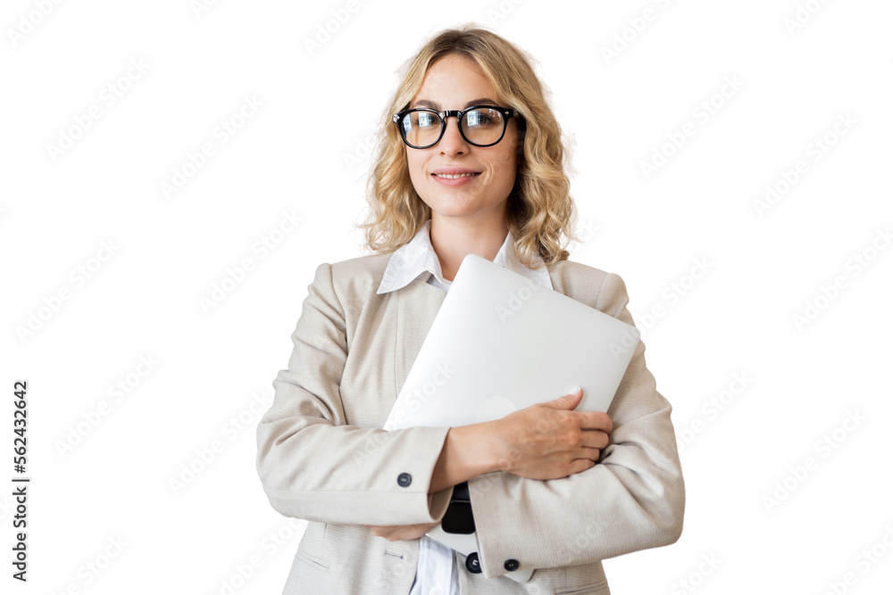 Female persona blonde with glasses formal wear manager working tablet transparent background. Female persona blonde with glasses formal wear manager working tablet transparent background.