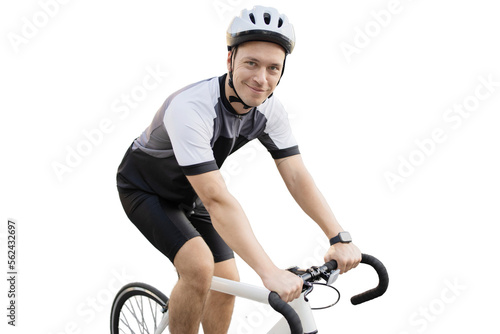 Person cyclist rides helmet bike isolated transparent background. photo