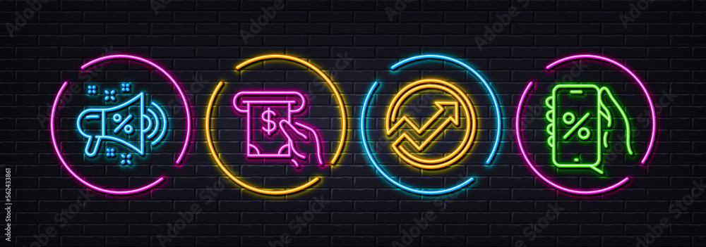 Sale megaphone, Atm service and Audit minimal line icons. Neon laser 3d lights. Discounts app icons. For web, application, printing. Shopping, Cash investment, Arrow graph. Phone sale. Vector Sale megaphone, Atm service and Audit minimal line icons. Neon laser 3d lights. Discounts app icons. For web, application, printing. Shopping, Cash investment, Arrow graph. Phone sale. Vector