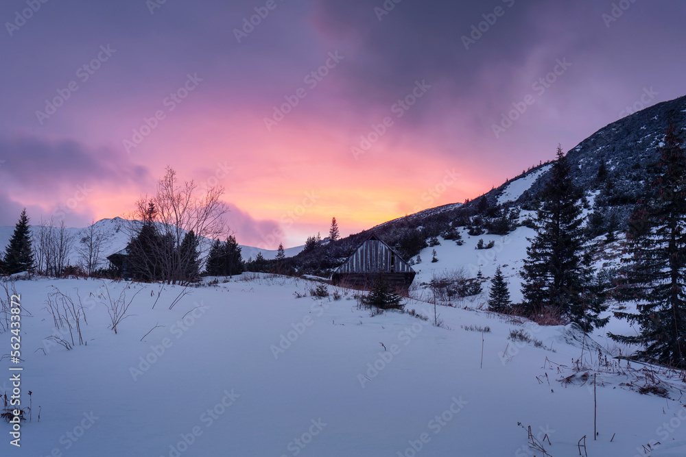 Winter sunset on Hala Gasienicowa in the Tatra Mountains, Poland.
