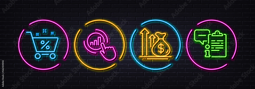 Loan percent, Budget and Graph chart minimal line icons. Neon laser 3d lights. Clipboard icons. For web, application, printing. Shopping cart, Money profit, Get report. Info document. Vector