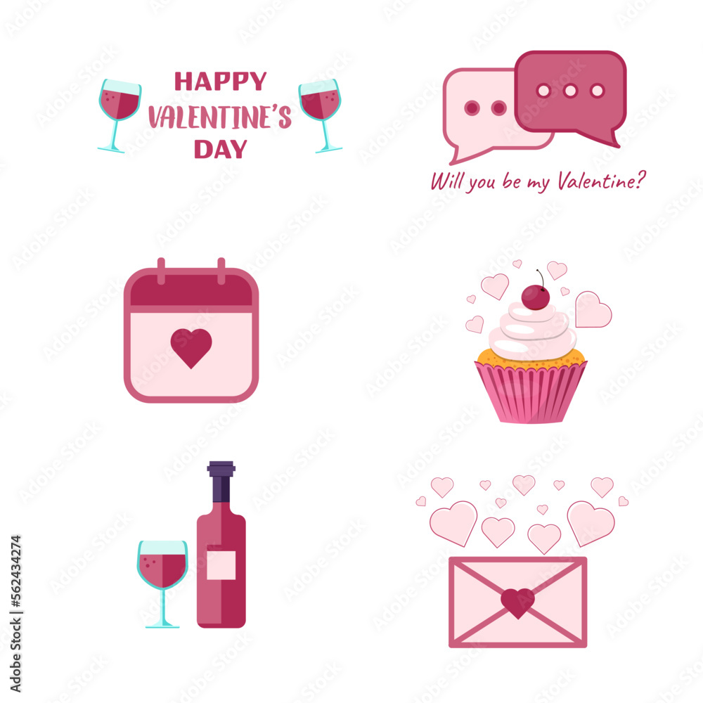 valentine's day set with lettering, wine and cupcake valentine's day set with lettering, wine and cupcake