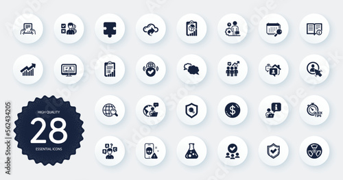 Set of Education icons, such as Opinion, User and Report flat icons. Cyber attack, Business statistics, Quiz test web elements. Online video, Technical info, Messenger signs. Interview. Vector
