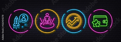 Startup, Audit and Augmented reality minimal line icons. Neon laser 3d lights. Loyalty program icons. For web, application, printing. Developer, Arrow graph, Virtual reality. Bonus wallet. Vector