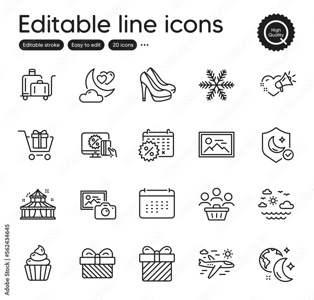 Set of Holidays outline icons. Contains icons as Love message, Photo camera and Shoes elements. Cupcake, Shopping cart, Love night web signs. Sleep, Travel sea, Snowflake elements. Vector Set of Holidays outline icons. Contains icons as Love message, Photo camera and Shoes elements. Cupcake, Shopping cart, Love night web signs. Sleep, Travel sea, Snowflake elements. Vector