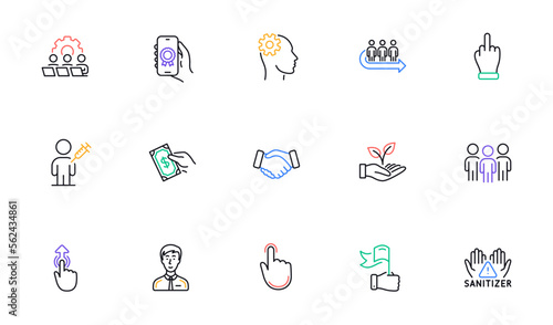 Award app, Helping hand and Hand click line icons for website, printing. Collection of People vaccination, Middle finger, Businessman person icons. Pay money, Clean hands. Vector