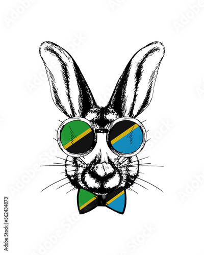 Easter bunny hand drawn portrait. Patriotic sublimation in colors of national flag on white background. Tanzania © Julia